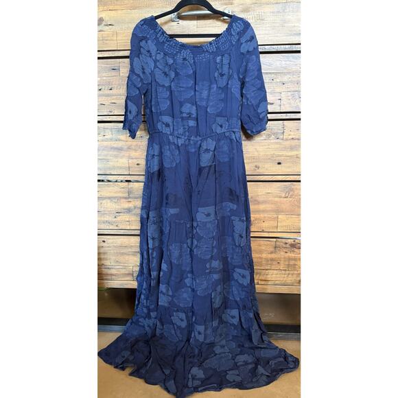 Shoshanna Midnight Dress Womens 8 Navy Blue Maxi Floral Embroidered Off Shoulder - Picture 2 of 8